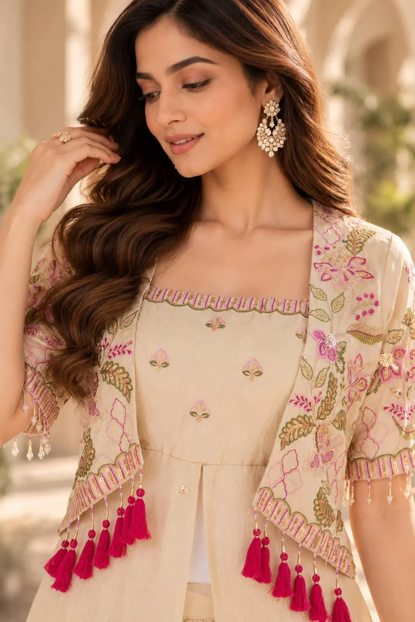VIDALA CLOTHINGS Pure Vichitra Silk Embroidered Top & French Crepe Flared Palazzo Set with Organza Cape in Off White — photo 3 of 4
