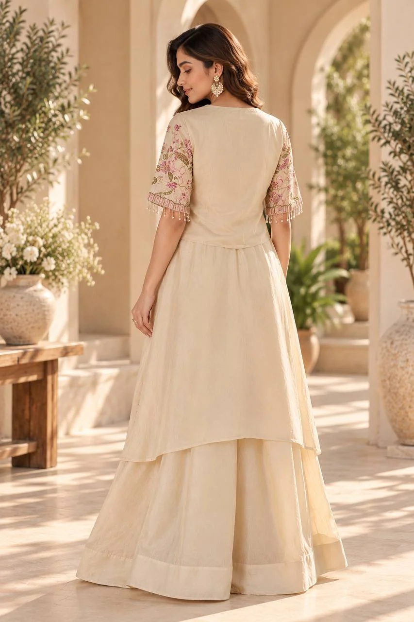 VIDALA CLOTHINGS Pure Vichitra Silk Embroidered Top & French Crepe Flared Palazzo Set with Organza Cape in Off White — photo 4 of 4