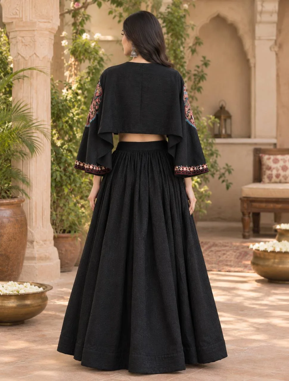 VIDALA CLOTHINGS Classic Black Crunchy Silk Crop Top & Flared Lehenga Skirt with Multicolor Floral Embroidered Cape — photo 4 of 5