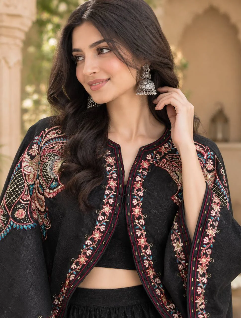VIDALA CLOTHINGS Classic Black Crunchy Silk Crop Top & Flared Lehenga Skirt with Multicolor Floral Embroidered Cape — photo 3 of 5