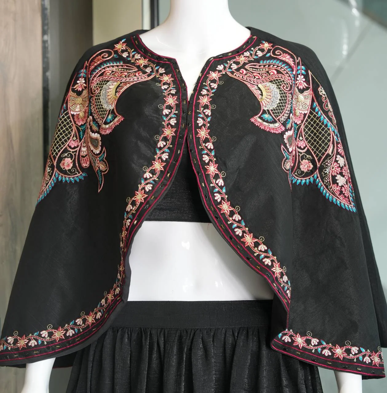 VIDALA CLOTHINGS Classic Black Crunchy Silk Crop Top & Flared Lehenga Skirt with Multicolor Floral Embroidered Cape — photo 5 of 5