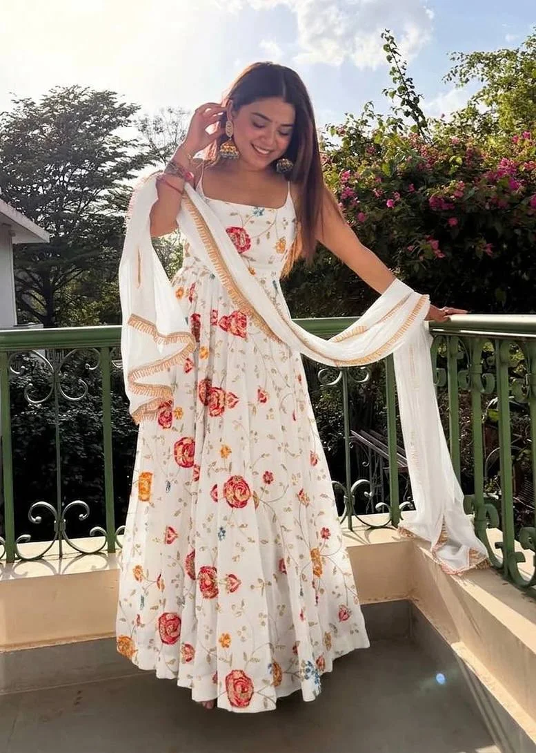 VIDALA CLOTHINGS Heavy Vichitra Silk Readymade Sleeveless Anarkali Gown with Pant & Dupatta Set in White — photo 4 of 8