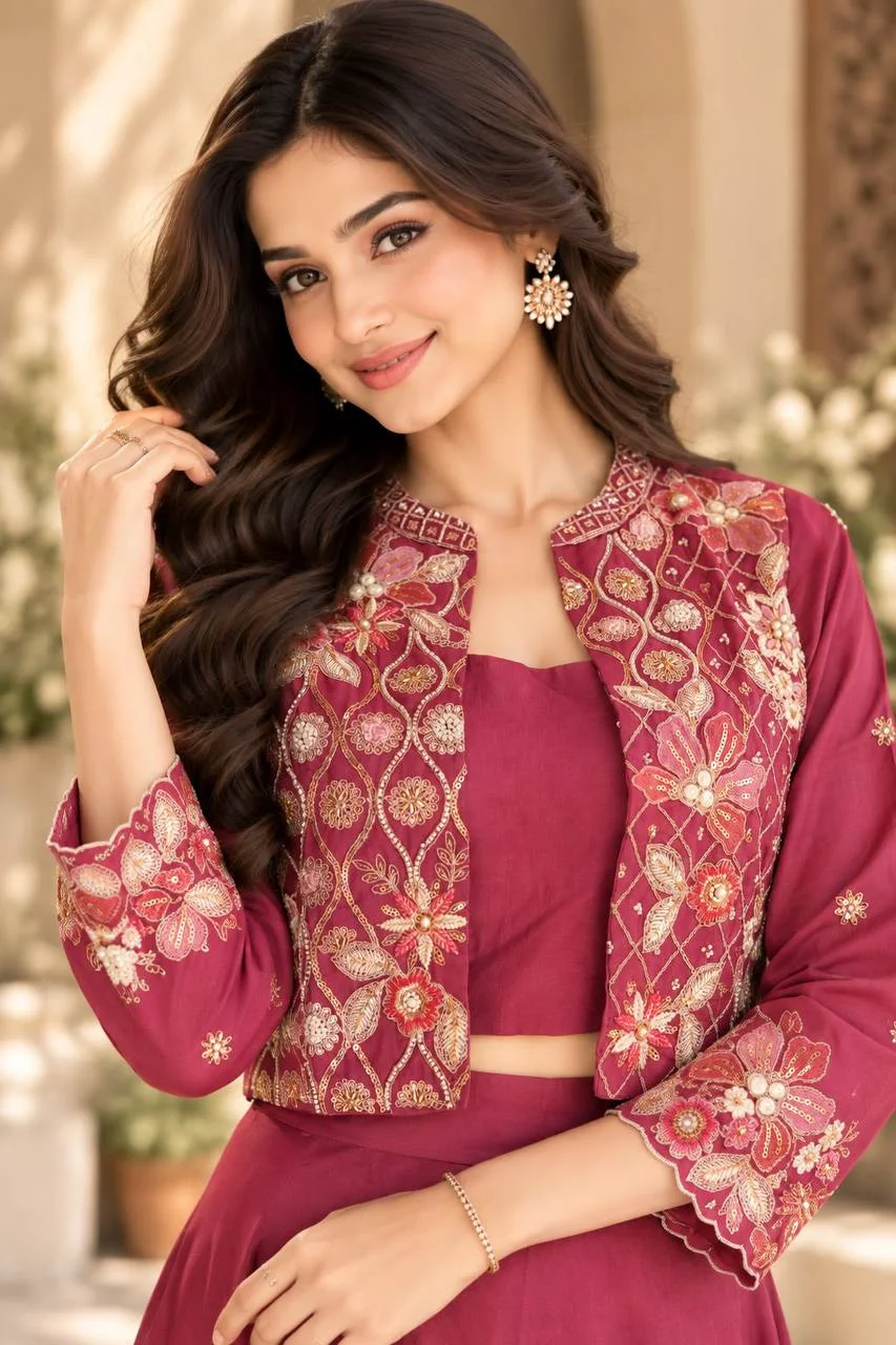 VIDALA CLOTHINGS Premium Vichitra Silk Crop Top & Flared Skirt Set with Golden Thread, Sequin & Pearl Embroidered Open-Front Short Jacket in Rani Pink — photo 2 of 7