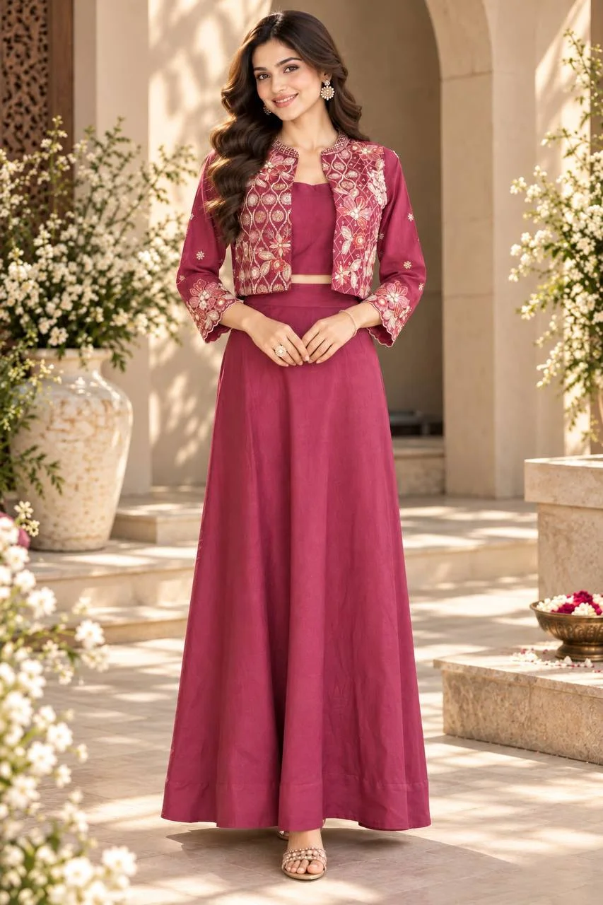 VIDALA CLOTHINGS Premium Vichitra Silk Crop Top & Flared Skirt Set with Golden Thread, Sequin & Pearl Embroidered Open-Front Short Jacket in Rani Pink — photo 3 of 7