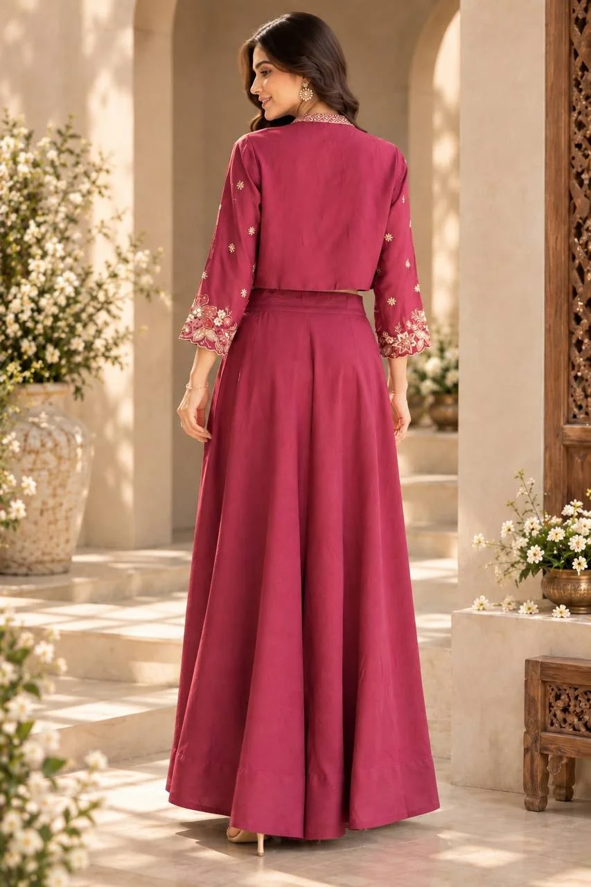 VIDALA CLOTHINGS Premium Vichitra Silk Crop Top & Flared Skirt Set with Golden Thread, Sequin & Pearl Embroidered Open-Front Short Jacket in Rani Pink — photo 4 of 7