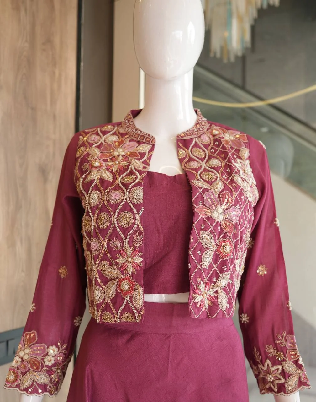 VIDALA CLOTHINGS Premium Vichitra Silk Crop Top & Flared Skirt Set with Golden Thread, Sequin & Pearl Embroidered Open-Front Short Jacket in Rani Pink — photo 5 of 7