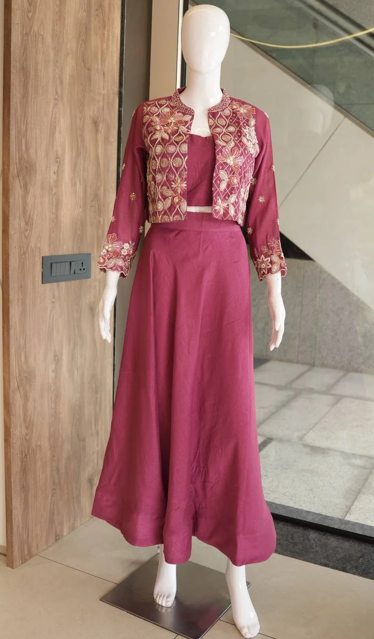 VIDALA CLOTHINGS Premium Vichitra Silk Crop Top & Flared Skirt Set with Golden Thread, Sequin & Pearl Embroidered Open-Front Short Jacket in Rani Pink — photo 6 of 7