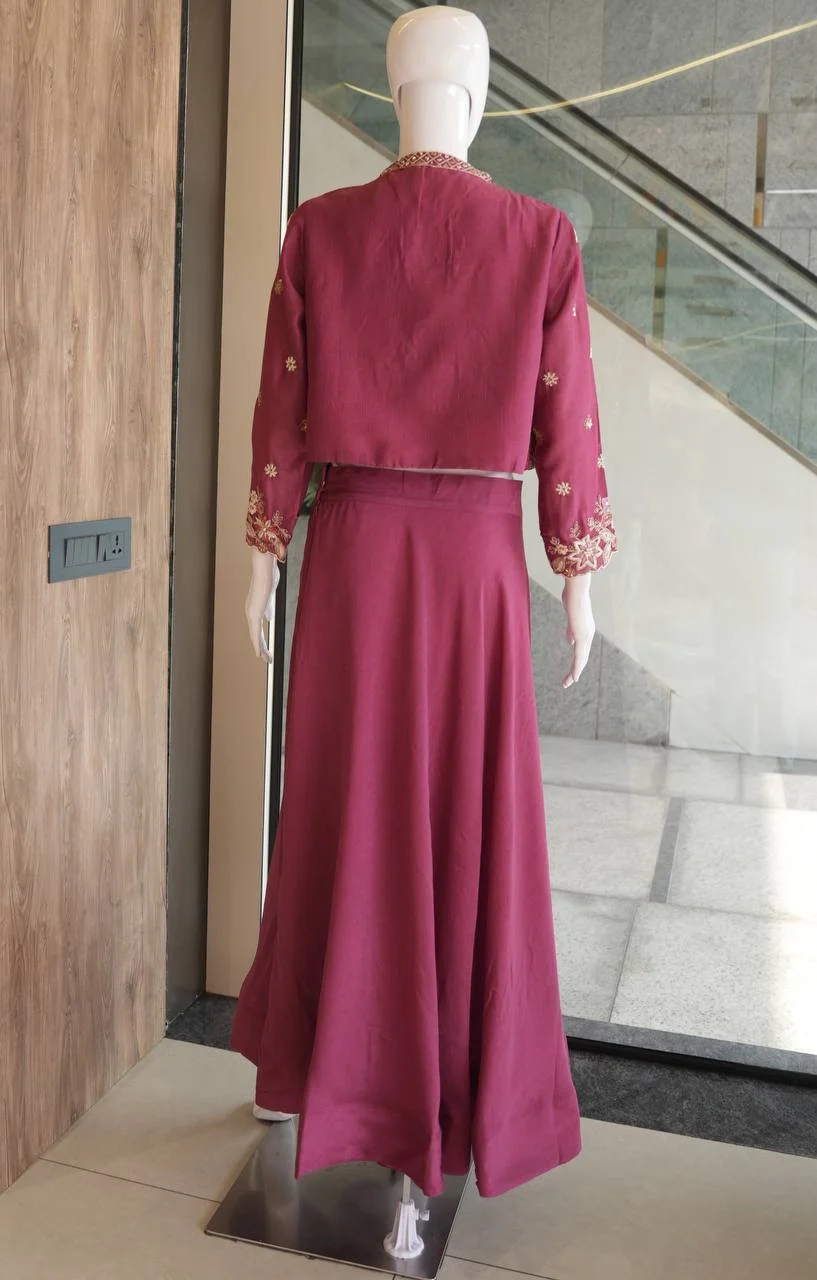 VIDALA CLOTHINGS Premium Vichitra Silk Crop Top & Flared Skirt Set with Golden Thread, Sequin & Pearl Embroidered Open-Front Short Jacket in Rani Pink — photo 7 of 7