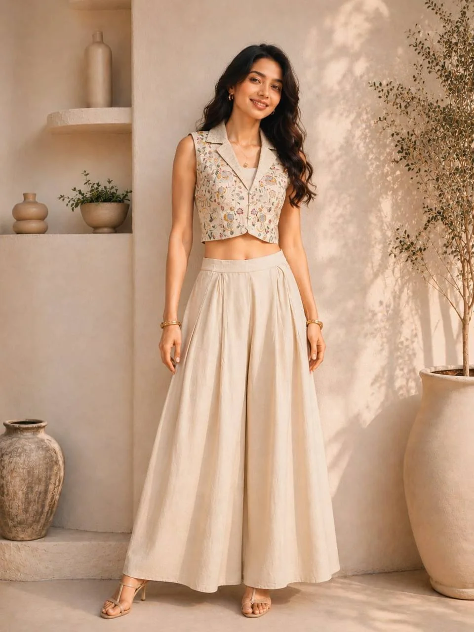VIDALA CLOTHINGS Premium Vichitra Silk Cropped Waistcoat Top with Palazzo Pants Set in Cream — photo 2 of 8