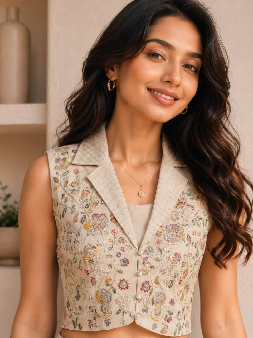 VIDALA CLOTHINGS Premium Vichitra Silk Cropped Waistcoat Top with Palazzo Pants Set in Cream — photo 4 of 8
