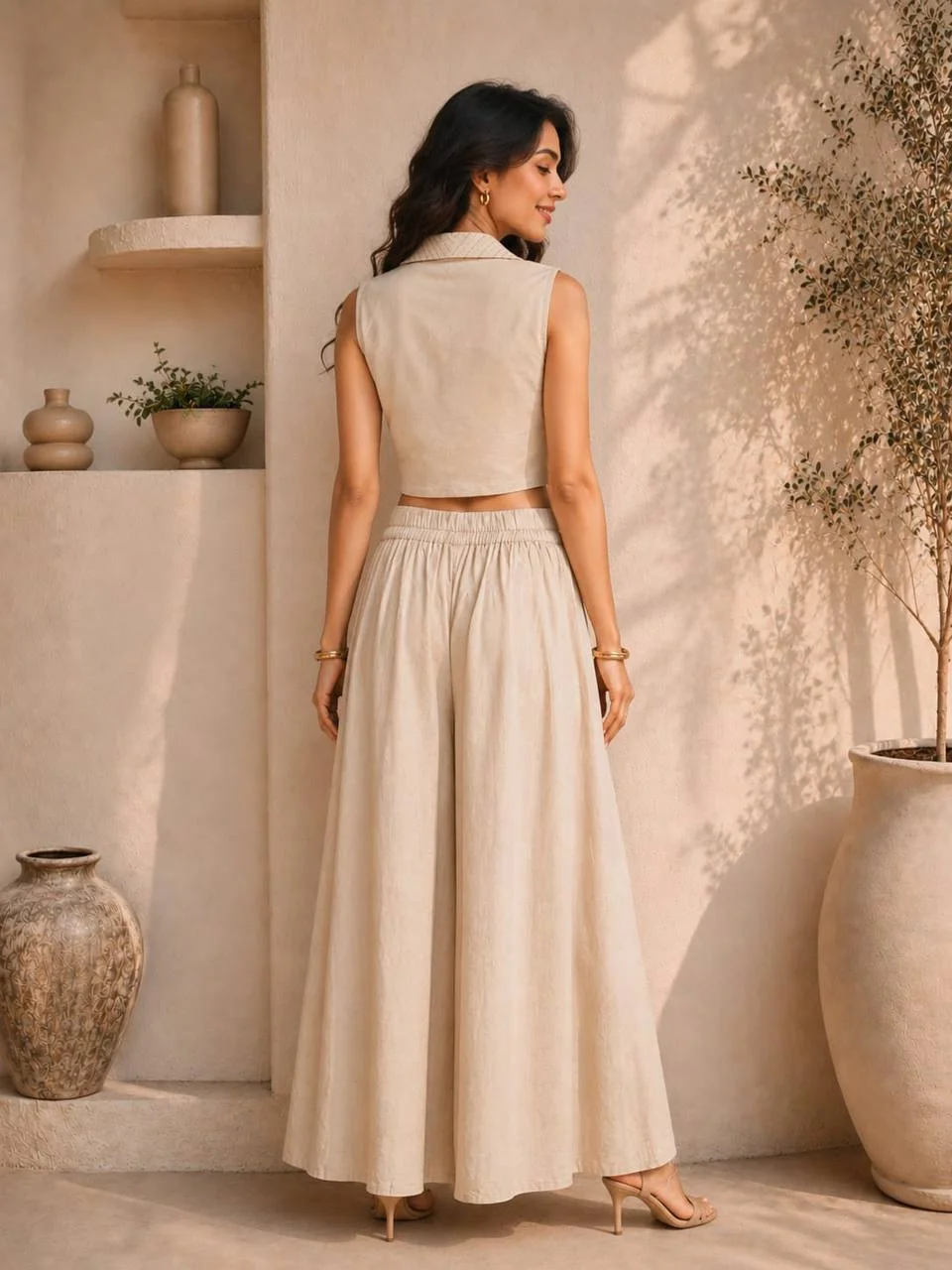 VIDALA CLOTHINGS Premium Vichitra Silk Cropped Waistcoat Top with Palazzo Pants Set in Cream — photo 5 of 8