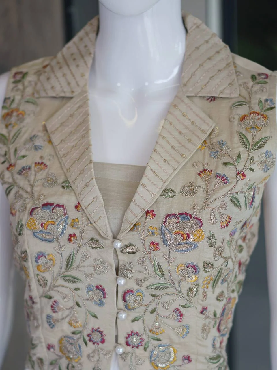 VIDALA CLOTHINGS Premium Vichitra Silk Cropped Waistcoat Top with Palazzo Pants Set in Cream — photo 7 of 8