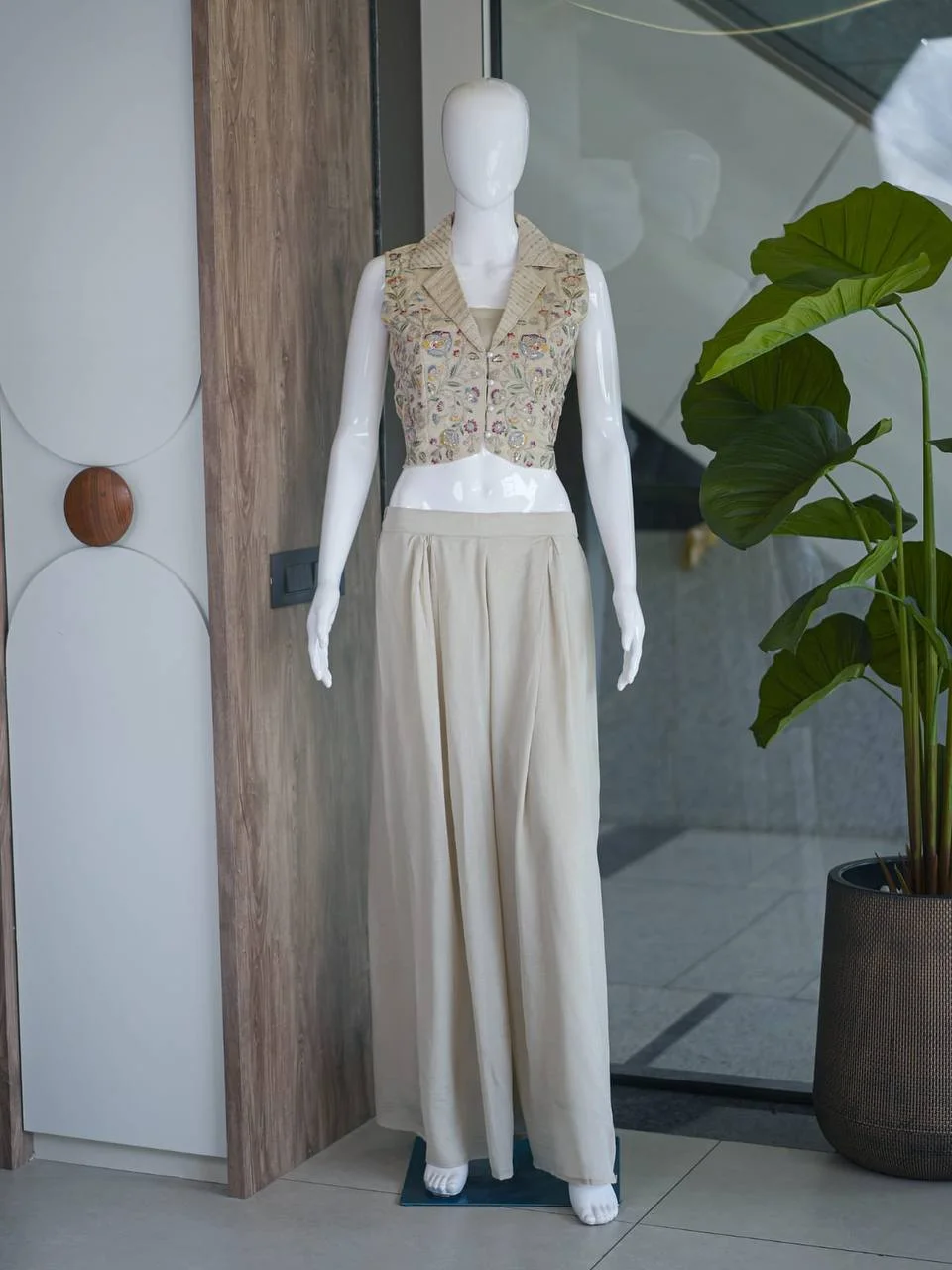VIDALA CLOTHINGS Premium Vichitra Silk Cropped Waistcoat Top with Palazzo Pants Set in Cream — photo 6 of 8