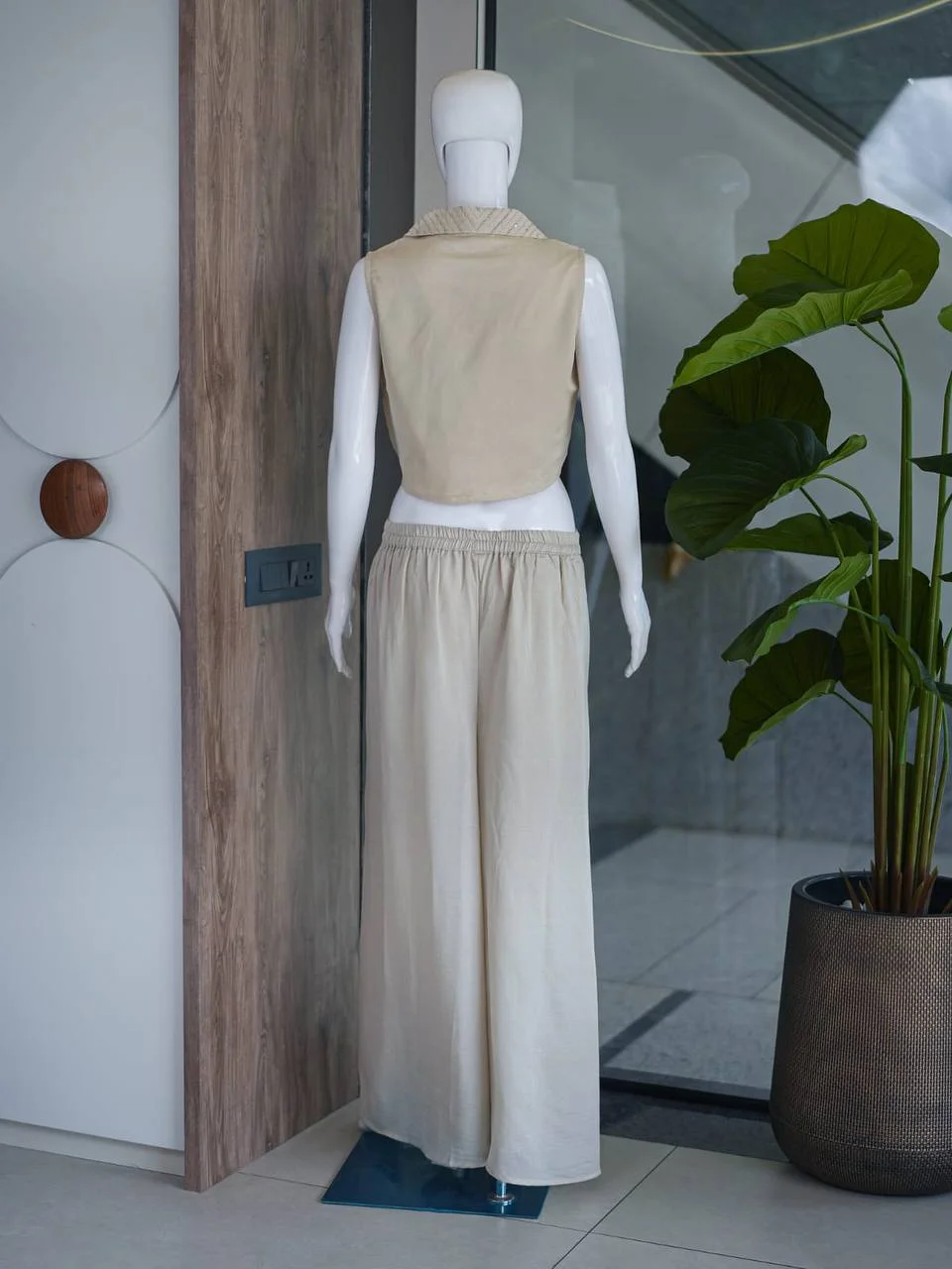 VIDALA CLOTHINGS Premium Vichitra Silk Cropped Waistcoat Top with Palazzo Pants Set in Cream — photo 8 of 8