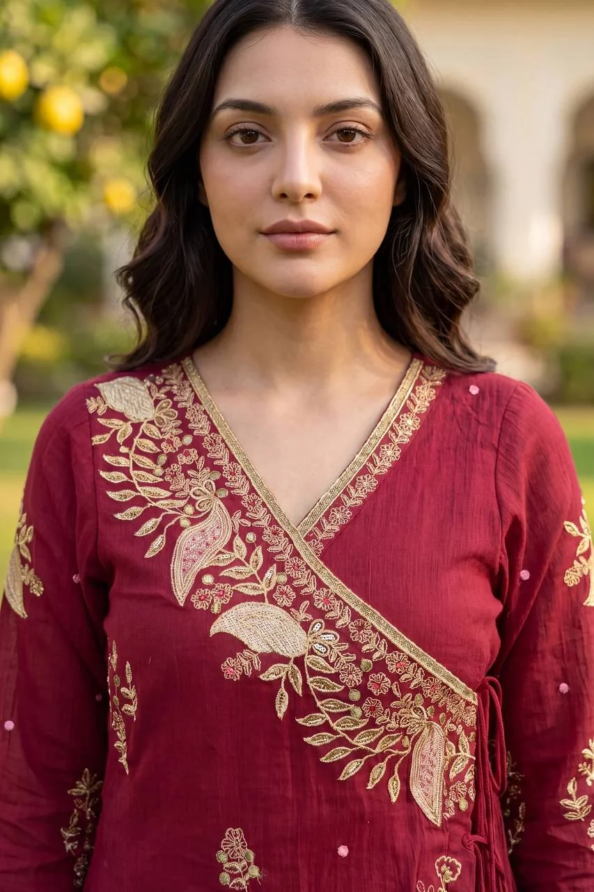 VIDALA CLOTHINGS Pure Mul Chanderi Kurti with Pant & Embroidered Dupatta Set in Maroon — photo 10 of 10