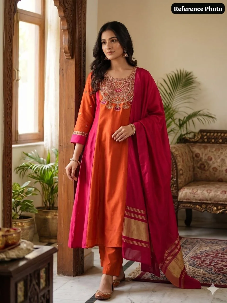 VIDALA CLOTHINGS Pure Mul Chanderi A-Line Cut Kurti with Pant & Gaji Silk Dupatta Set in Rust — photo 2 of 7