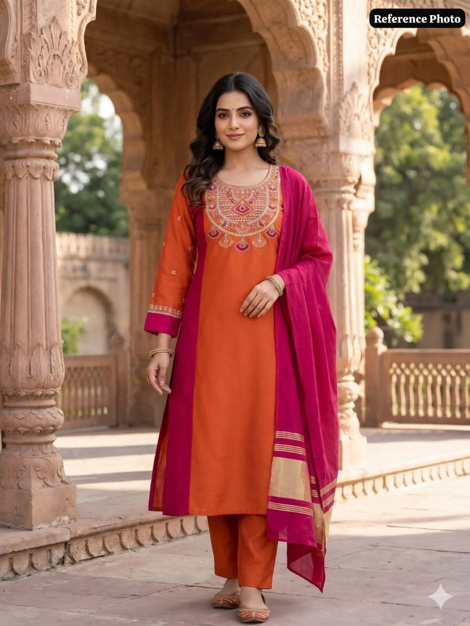 VIDALA CLOTHINGS Pure Mul Chanderi A-Line Cut Kurti with Pant & Gaji Silk Dupatta Set in Rust — photo 3 of 7