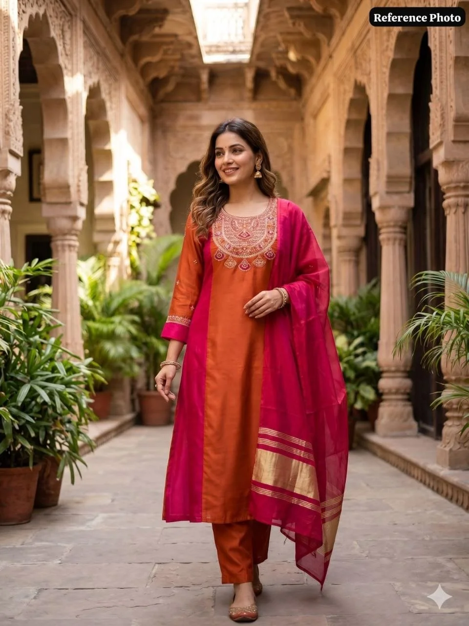 VIDALA CLOTHINGS Pure Mul Chanderi A-Line Cut Kurti with Pant & Gaji Silk Dupatta Set in Rust — photo 4 of 7