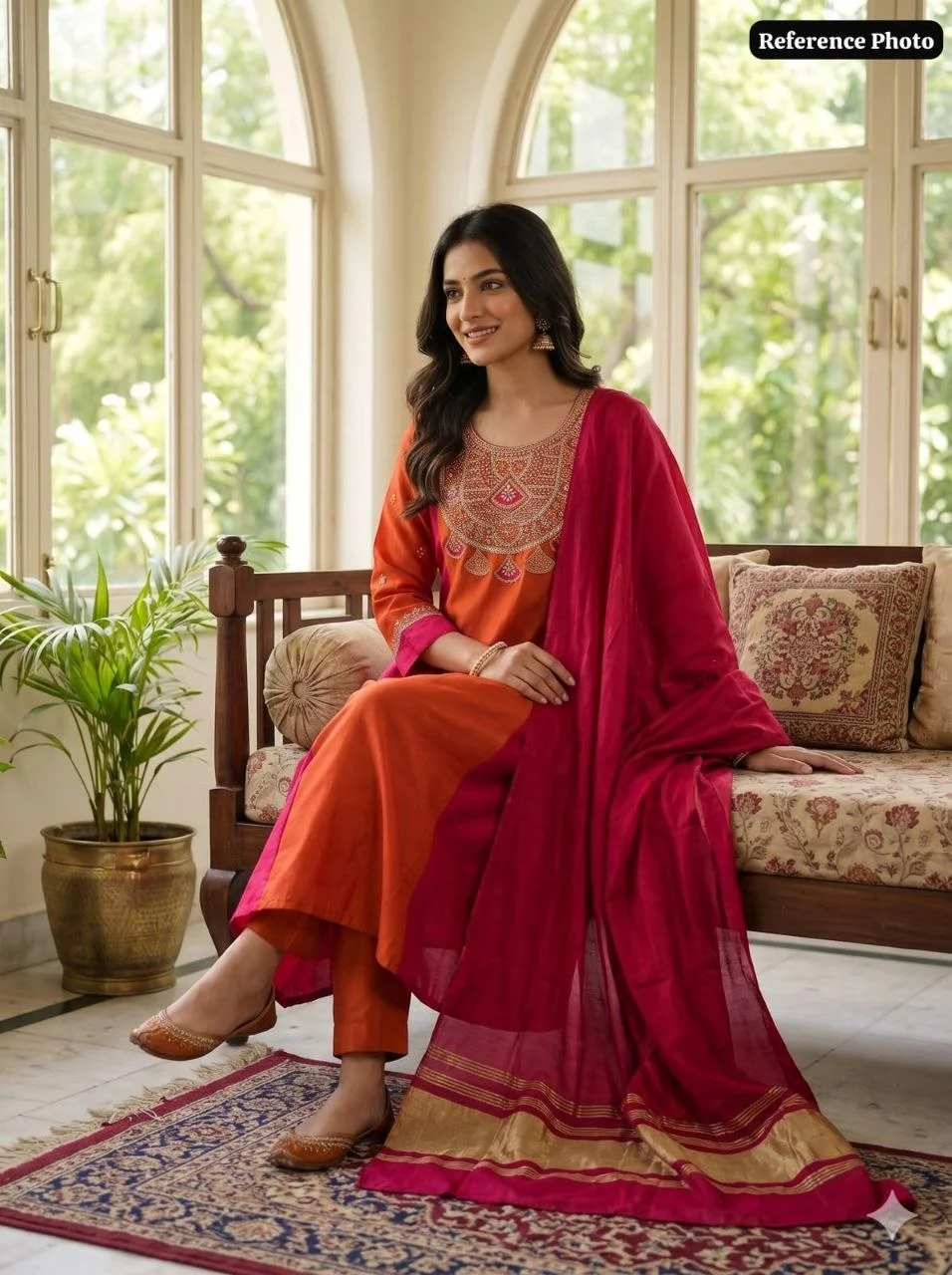 VIDALA CLOTHINGS Pure Mul Chanderi A-Line Cut Kurti with Pant & Gaji Silk Dupatta Set in Rust — photo 5 of 7