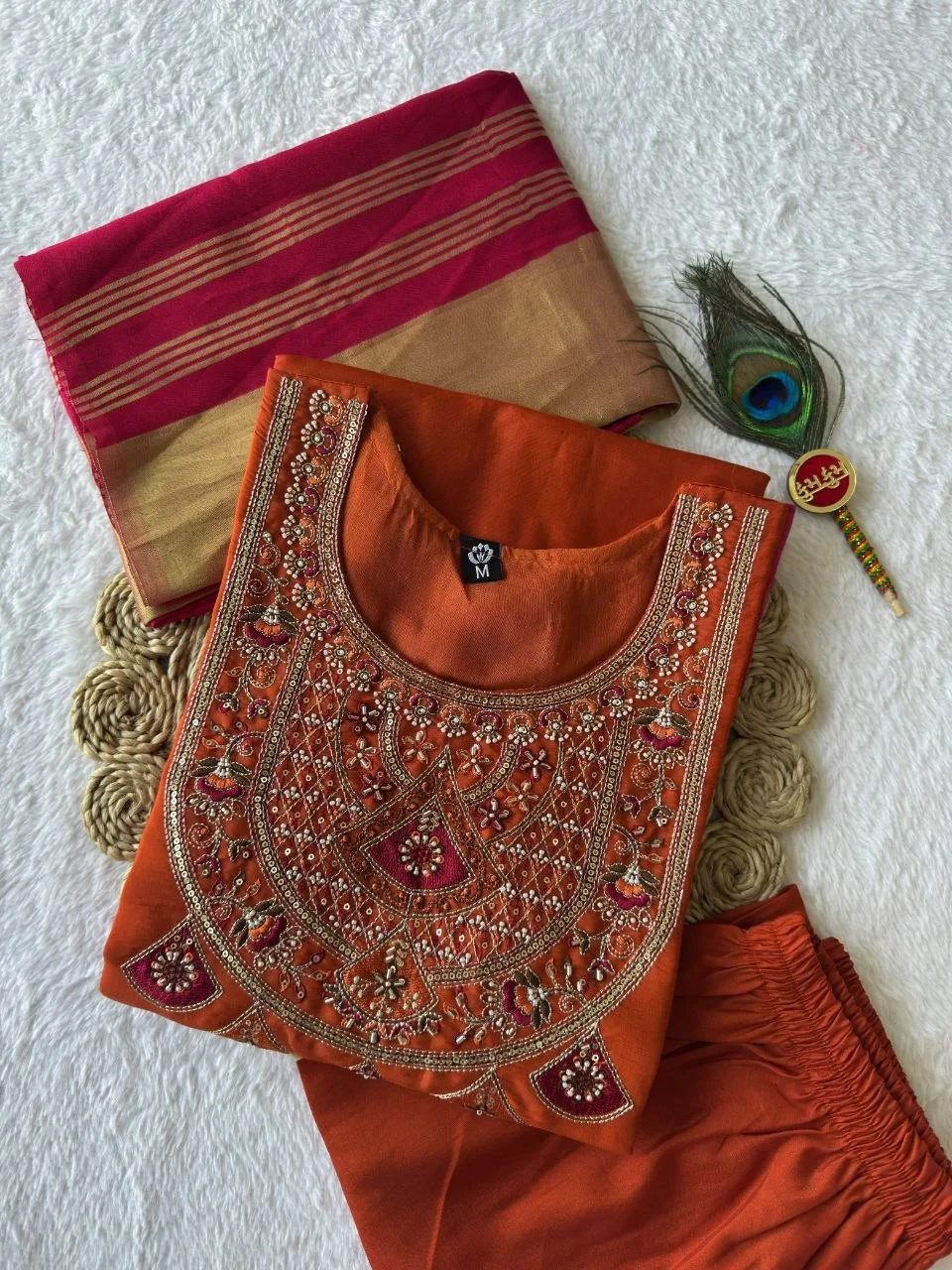 VIDALA CLOTHINGS Pure Mul Chanderi A-Line Cut Kurti with Pant & Gaji Silk Dupatta Set in Rust — photo 6 of 7