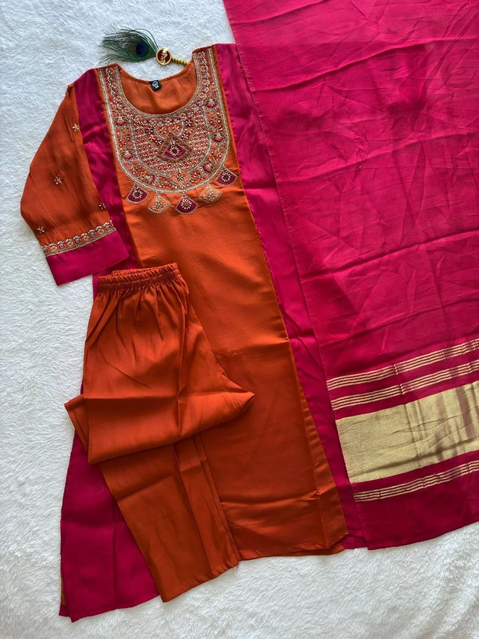 VIDALA CLOTHINGS Pure Mul Chanderi A-Line Cut Kurti with Pant & Gaji Silk Dupatta Set in Rust — photo 7 of 7