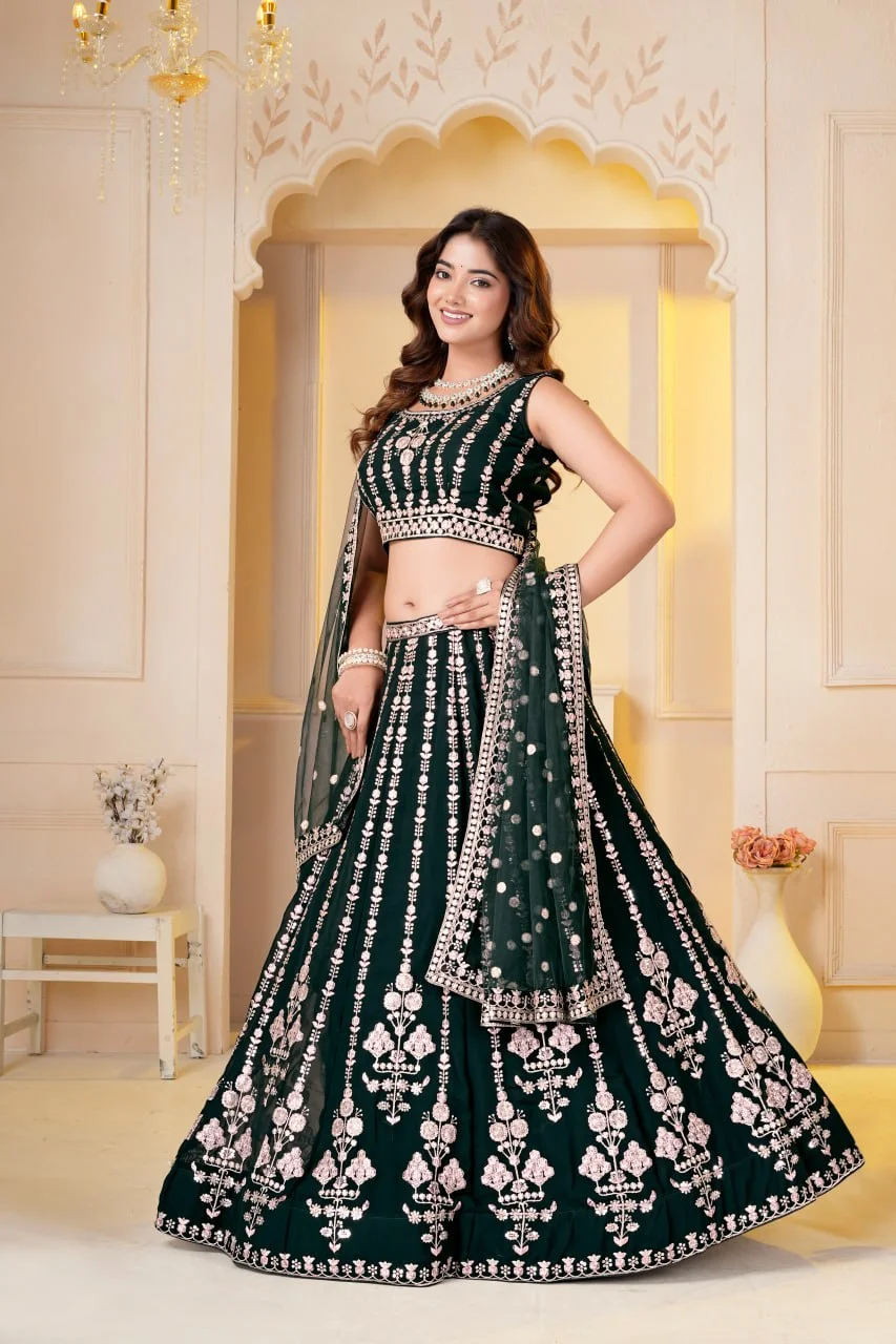 VIDALA CLOTHINGS Georgette Bridal Lehenga Choli Set with Unstitched Blouse Piece & Net Dupatta in Green — photo 3 of 8