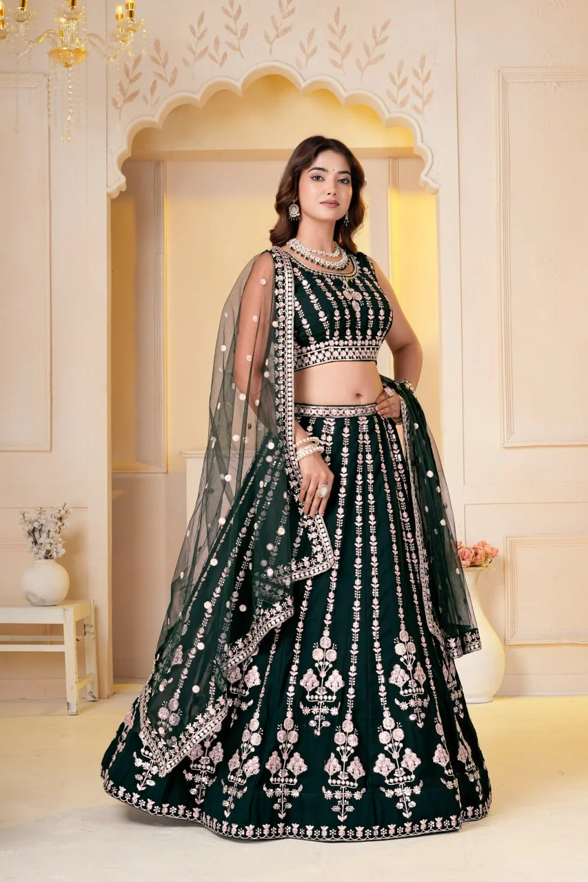 VIDALA CLOTHINGS Georgette Bridal Lehenga Choli Set with Unstitched Blouse Piece & Net Dupatta in Green — photo 4 of 8
