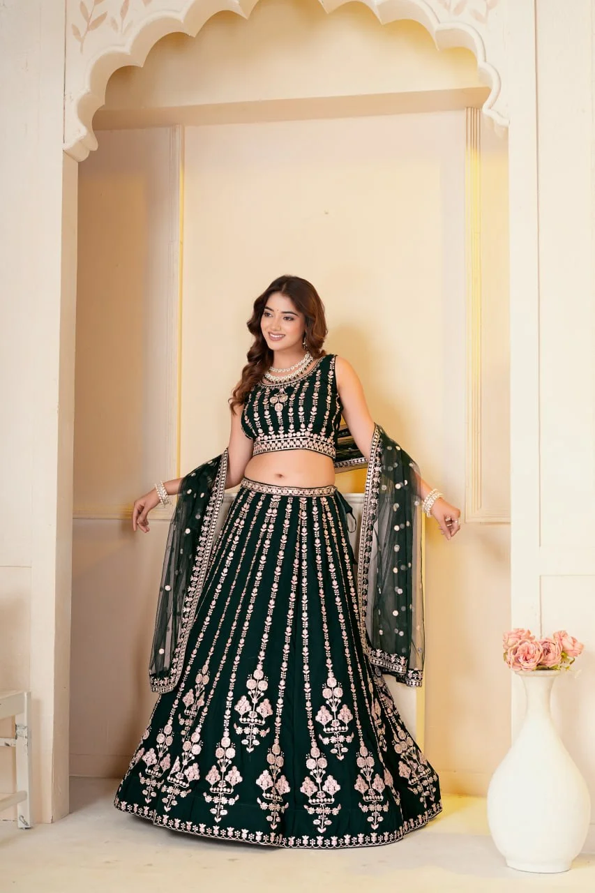 VIDALA CLOTHINGS Georgette Bridal Lehenga Choli Set with Unstitched Blouse Piece & Net Dupatta in Green — photo 5 of 8