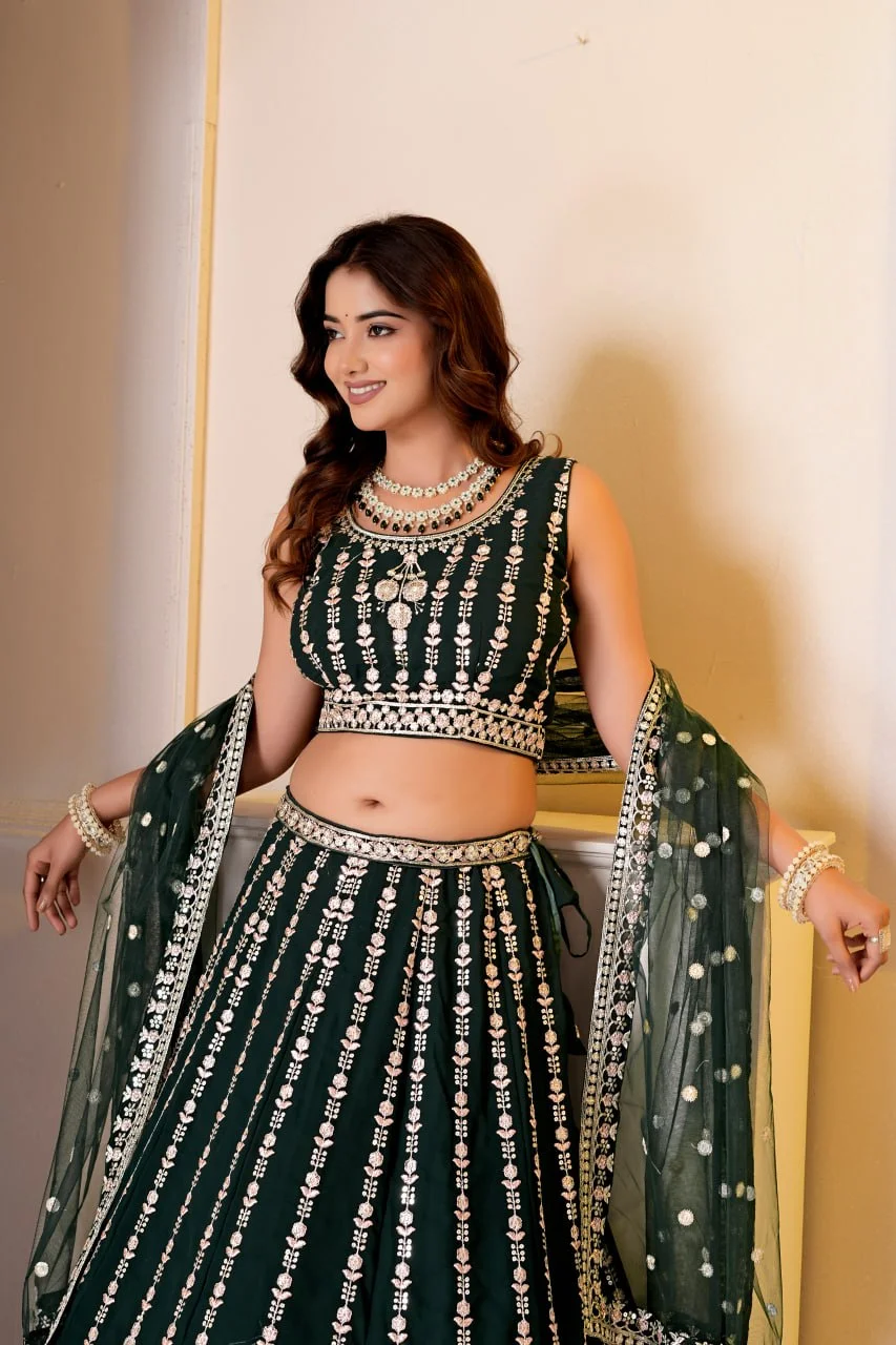 VIDALA CLOTHINGS Georgette Bridal Lehenga Choli Set with Unstitched Blouse Piece & Net Dupatta in Green — photo 6 of 8