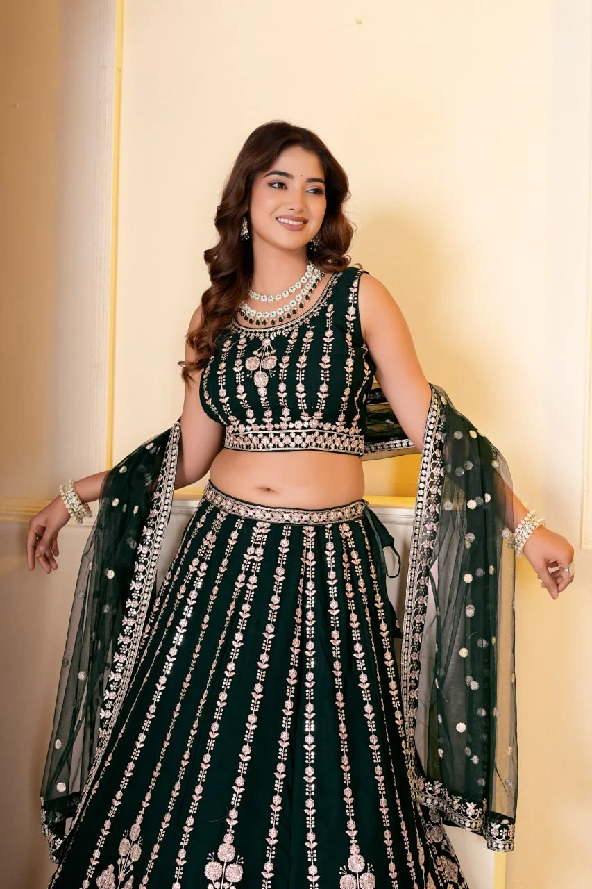 VIDALA CLOTHINGS Georgette Bridal Lehenga Choli Set with Unstitched Blouse Piece & Net Dupatta in Green — photo 7 of 8