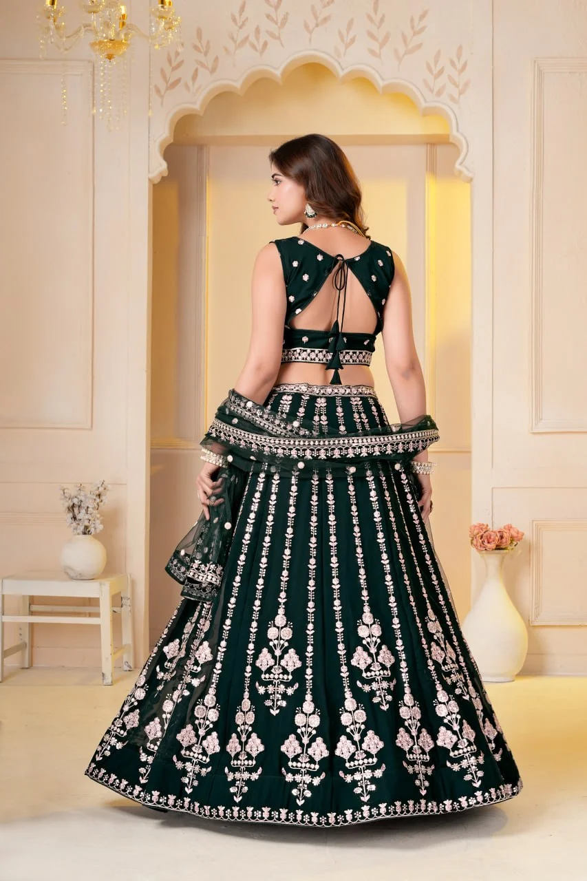 VIDALA CLOTHINGS Georgette Bridal Lehenga Choli Set with Unstitched Blouse Piece & Net Dupatta in Green — photo 8 of 8