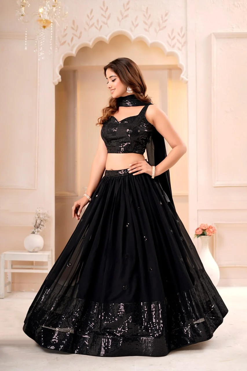 VIDALA CLOTHINGS Georgette Bridal Lehenga Choli Set with Unstitched Blouse Piece & Dupatta in Black — photo 4 of 8