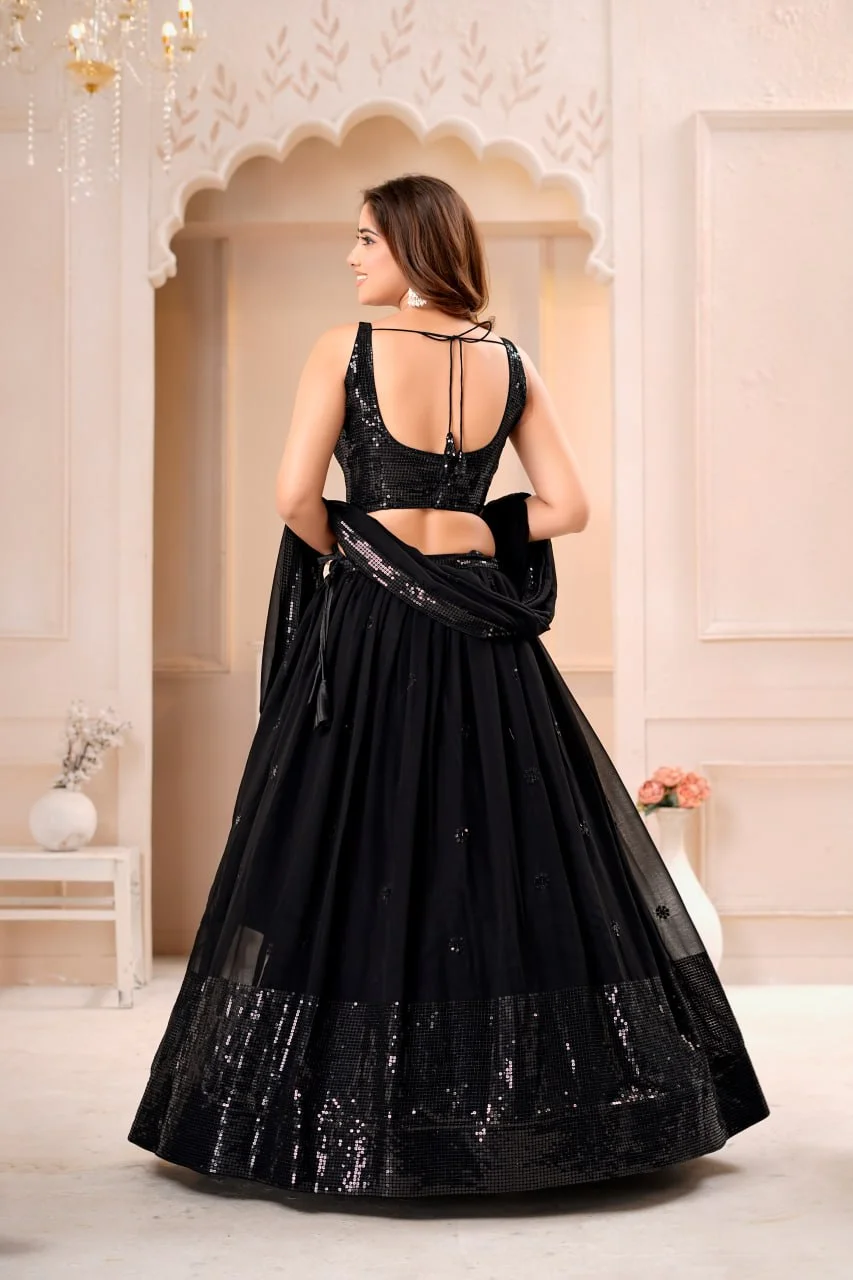 VIDALA CLOTHINGS Georgette Bridal Lehenga Choli Set with Unstitched Blouse Piece & Dupatta in Black — photo 8 of 8