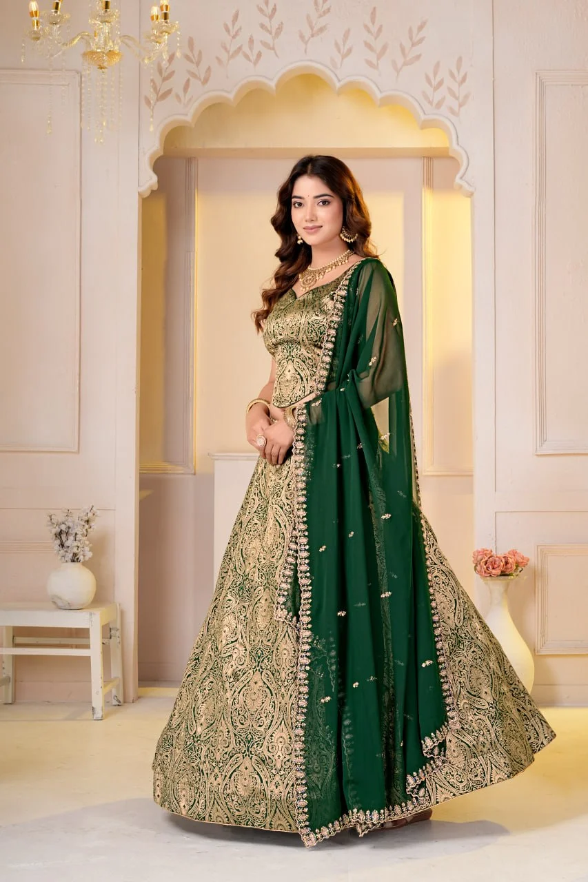 VIDALA CLOTHINGS Brocade Silk Woven Jacquard Lehenga Choli Set with Unstitched Blouse Piece & Georgette Dupatta in Green — photo 3 of 9