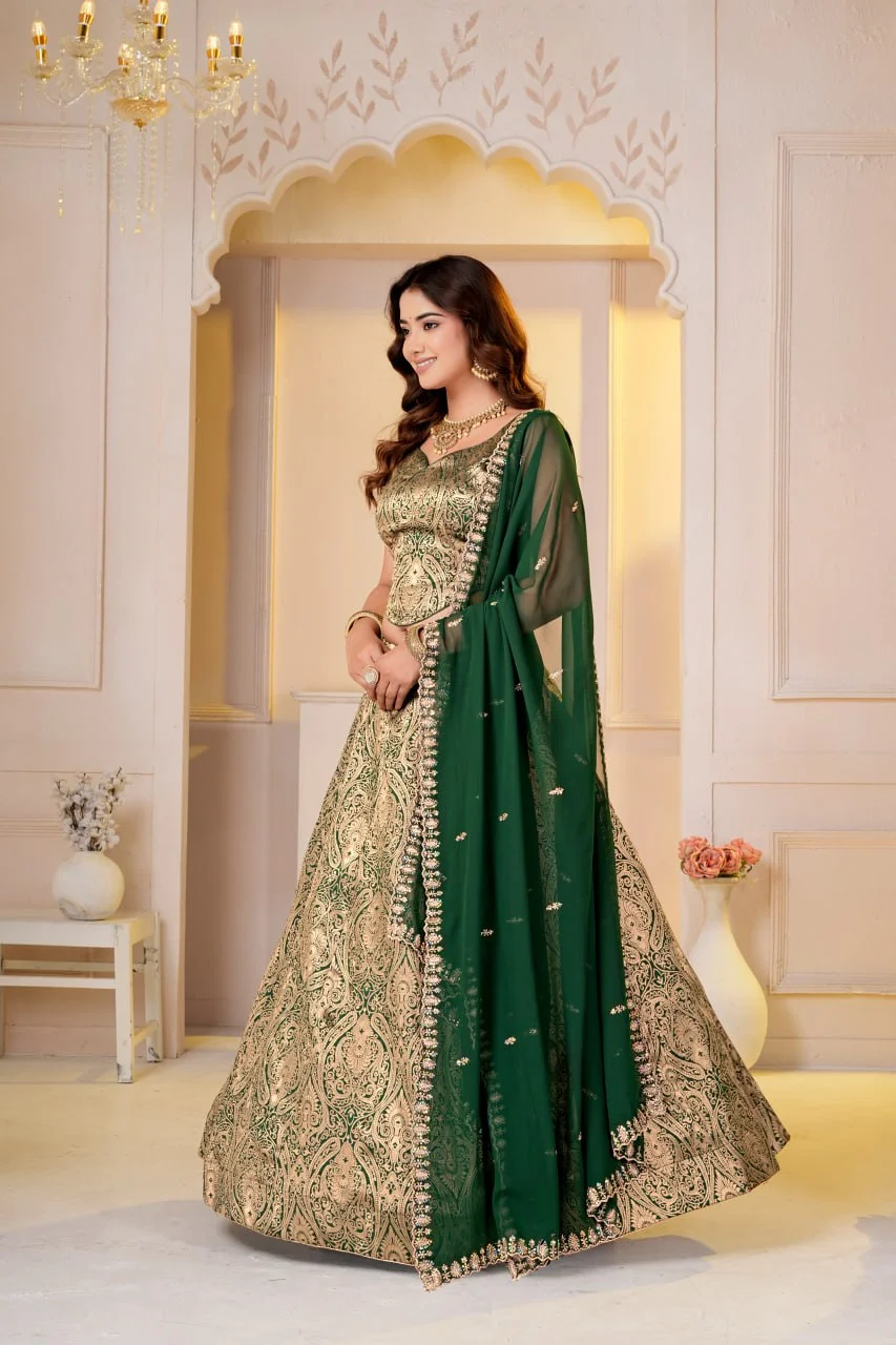 VIDALA CLOTHINGS Brocade Silk Woven Jacquard Lehenga Choli Set with Unstitched Blouse Piece & Georgette Dupatta in Green — photo 4 of 9