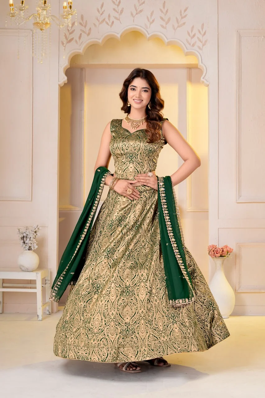 VIDALA CLOTHINGS Brocade Silk Woven Jacquard Lehenga Choli Set with Unstitched Blouse Piece & Georgette Dupatta in Green — photo 5 of 9