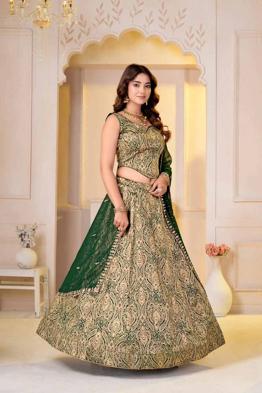 VIDALA CLOTHINGS Brocade Silk Woven Jacquard Lehenga Choli Set with Unstitched Blouse Piece & Georgette Dupatta in Green — photo 6 of 9