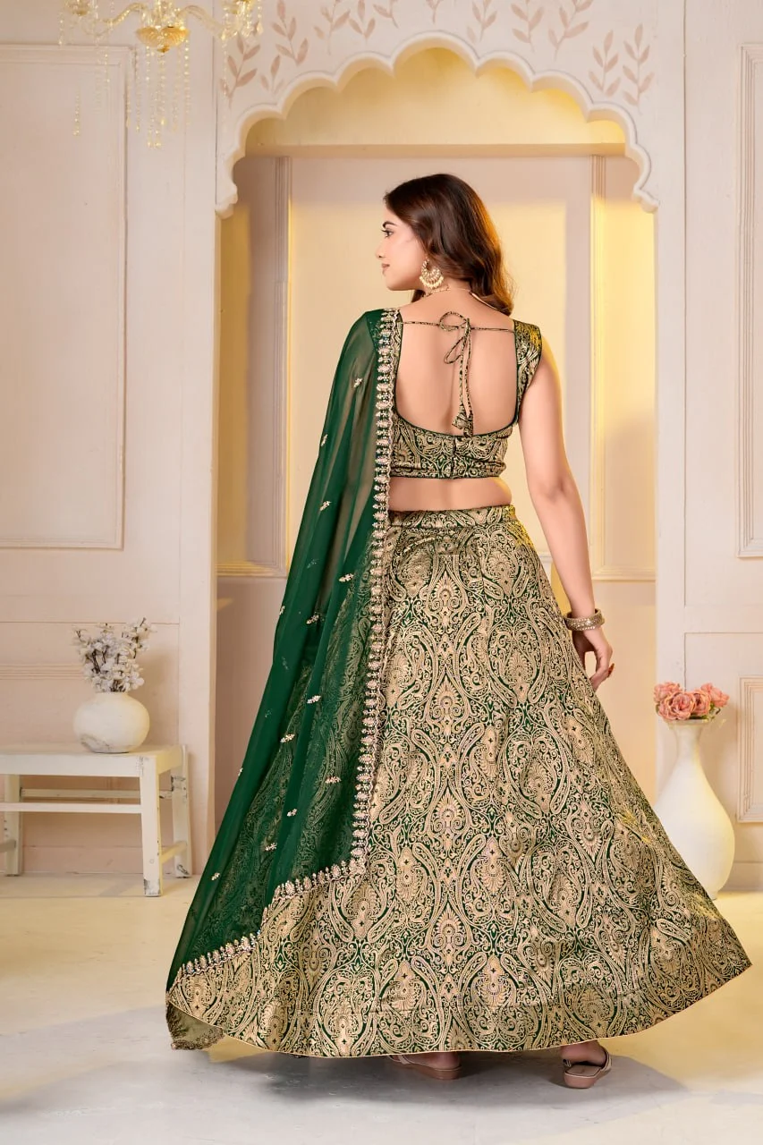 VIDALA CLOTHINGS Brocade Silk Woven Jacquard Lehenga Choli Set with Unstitched Blouse Piece & Georgette Dupatta in Green — photo 9 of 9