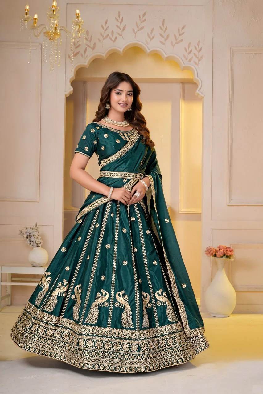 VIDALA CLOTHINGS Chinon Silk Contemporary Lehenga Choli Set with Unstitched Blouse Piece & Dupatta in Bottle Green — photo 3 of 8