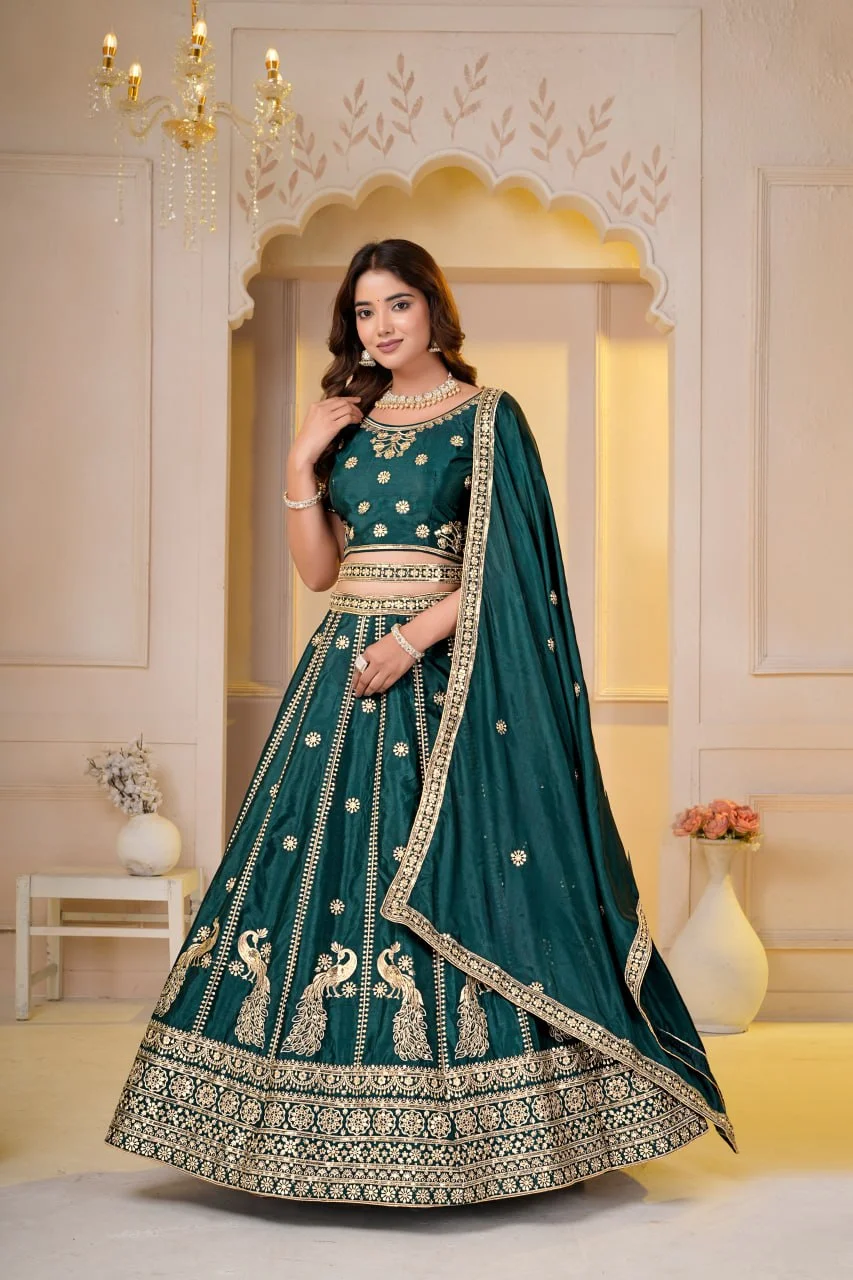 VIDALA CLOTHINGS Chinon Silk Contemporary Lehenga Choli Set with Unstitched Blouse Piece & Dupatta in Bottle Green — photo 4 of 8