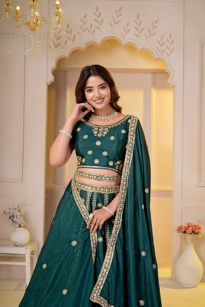 VIDALA CLOTHINGS Chinon Silk Contemporary Lehenga Choli Set with Unstitched Blouse Piece & Dupatta in Bottle Green — photo 5 of 8