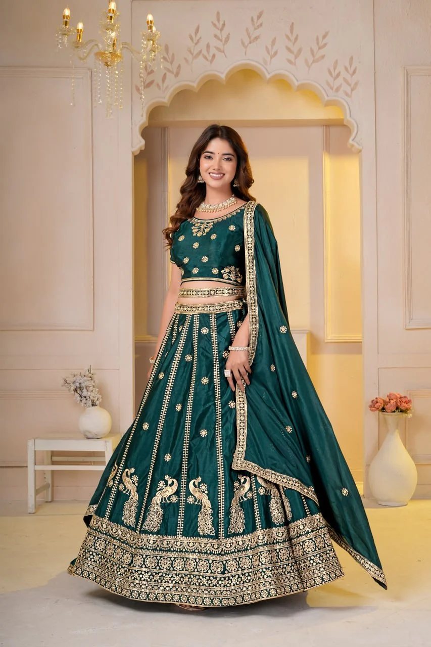 VIDALA CLOTHINGS Chinon Silk Contemporary Lehenga Choli Set with Unstitched Blouse Piece & Dupatta in Bottle Green — photo 6 of 8
