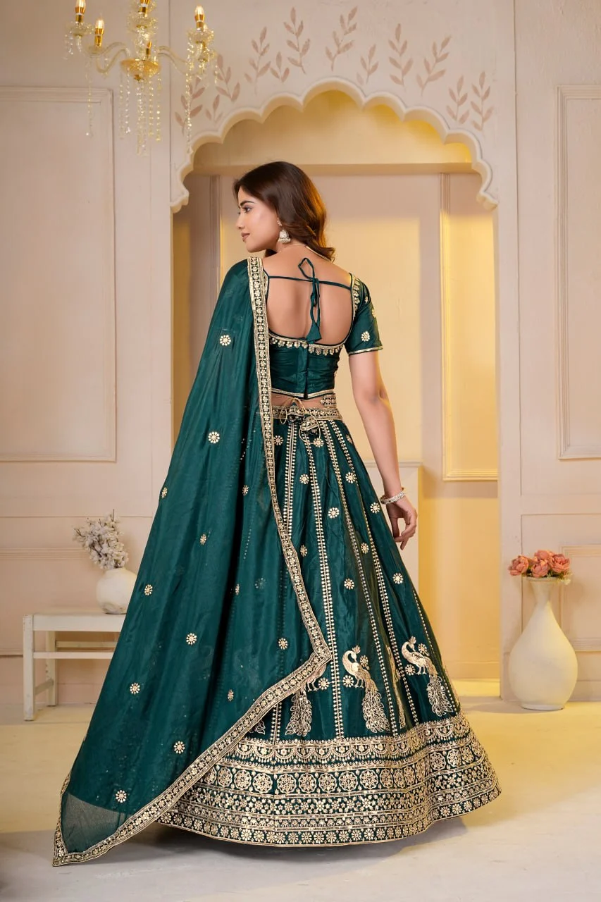 VIDALA CLOTHINGS Chinon Silk Contemporary Lehenga Choli Set with Unstitched Blouse Piece & Dupatta in Bottle Green — photo 7 of 8