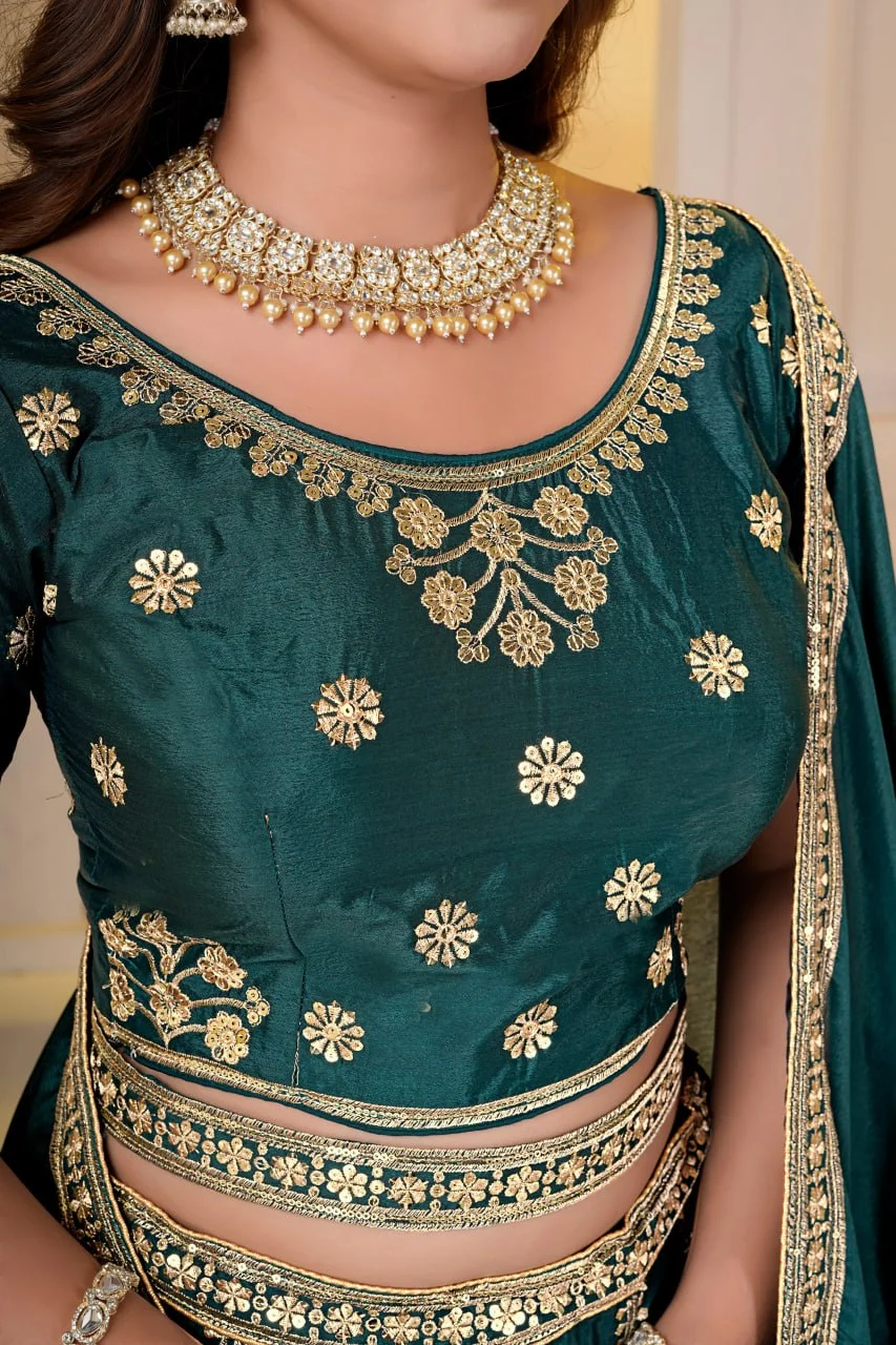 VIDALA CLOTHINGS Chinon Silk Contemporary Lehenga Choli Set with Unstitched Blouse Piece & Dupatta in Bottle Green — photo 8 of 8