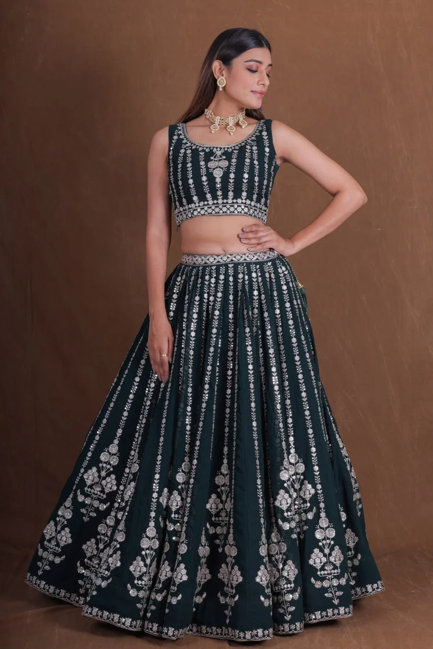 VIDALA CLOTHINGS Trending Wedding Bridesmaid Georgette Lehenga Choli Set with Unstitched Blouse Piece & Net Dupatta in Green — photo 3 of 5
