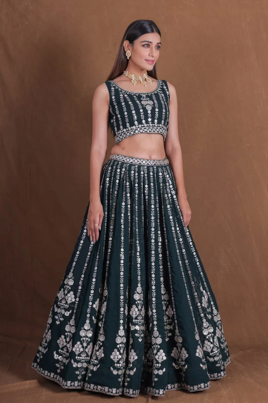 VIDALA CLOTHINGS Trending Wedding Bridesmaid Georgette Lehenga Choli Set with Unstitched Blouse Piece & Net Dupatta in Green — photo 4 of 5