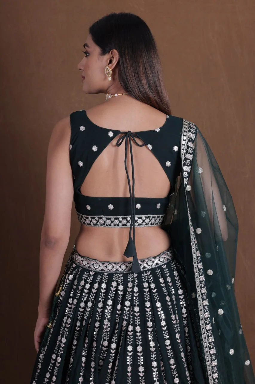 VIDALA CLOTHINGS Trending Wedding Bridesmaid Georgette Lehenga Choli Set with Unstitched Blouse Piece & Net Dupatta in Green — photo 5 of 5