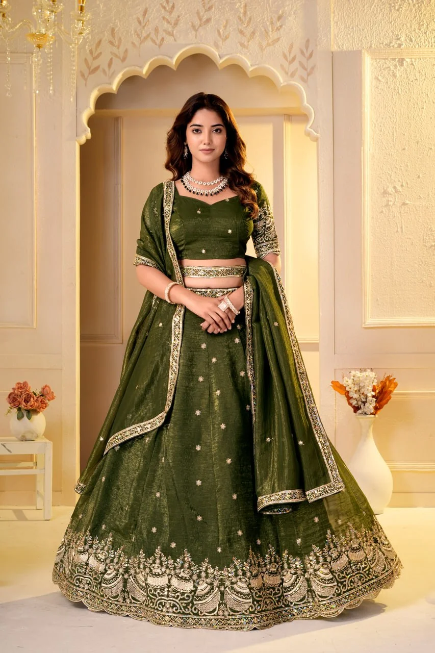 VIDALA CLOTHINGS Crunchy Silk Designer Lehenga Choli Set with Unstitched Blouse Piece & Dupatta in Mehendi Green — photo 2 of 8