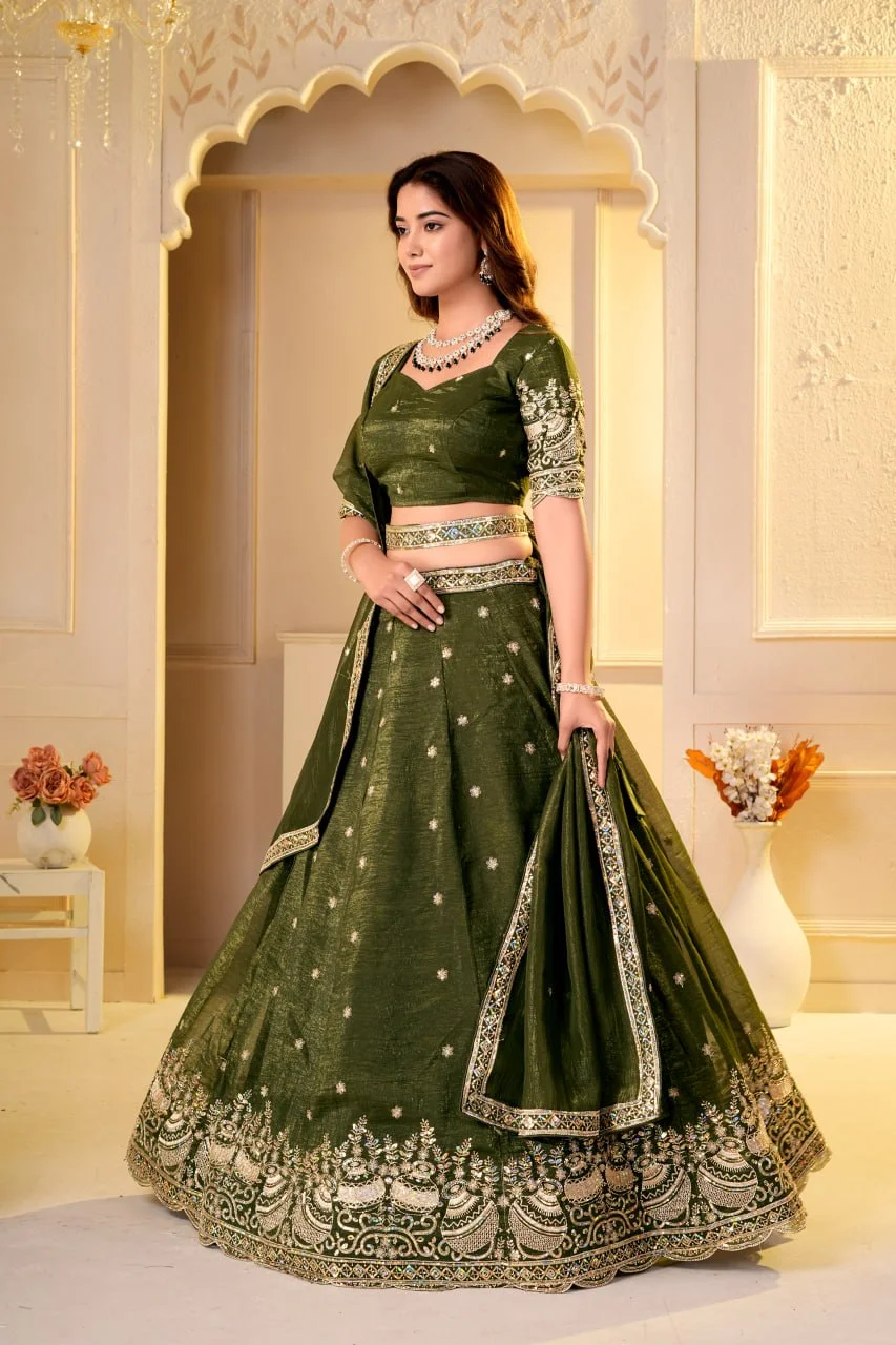 VIDALA CLOTHINGS Crunchy Silk Designer Lehenga Choli Set with Unstitched Blouse Piece & Dupatta in Mehendi Green — photo 3 of 8