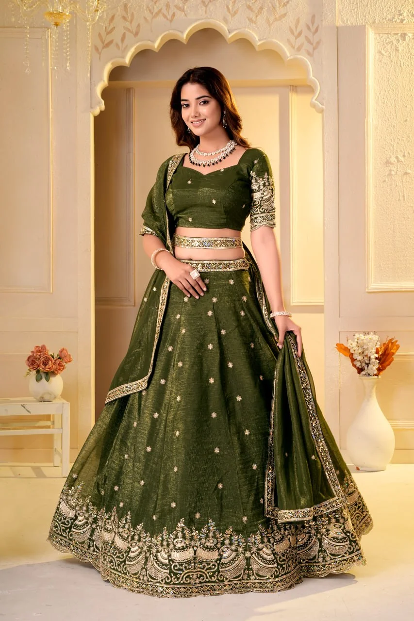 VIDALA CLOTHINGS Crunchy Silk Designer Lehenga Choli Set with Unstitched Blouse Piece & Dupatta in Mehendi Green — photo 4 of 8